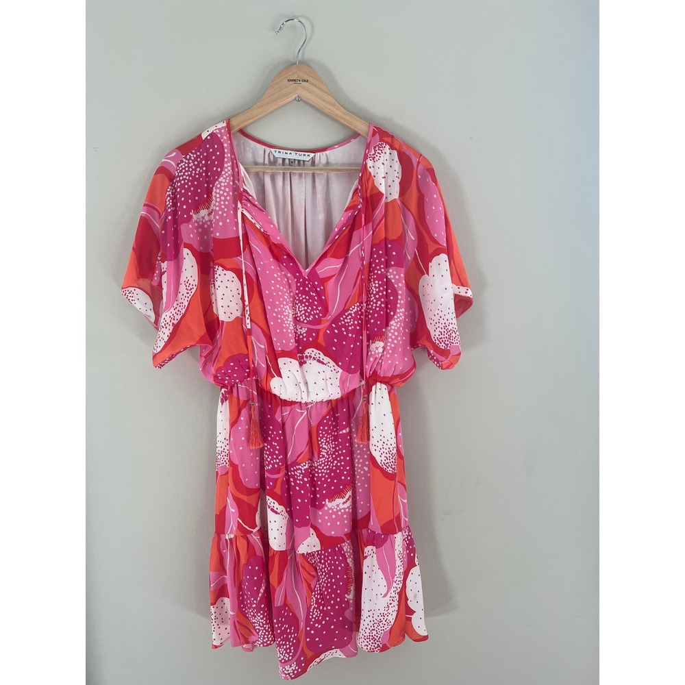 Trina Turk Pink Orange Floral Silk Blend Tassel V-Neck Mini Dress 2112301PG1